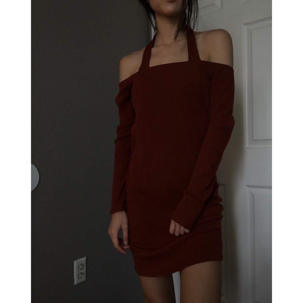 Dark Red Halter Body-Con Dress with Sleeves